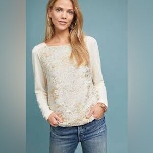 Anthropologie Akemi + Kin Foil-Printed Pointelle Top Cream/Gold Size XS